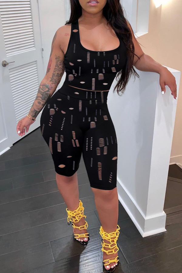 Black Sexy Casual Solid Ripped Hollowed Out U Neck Sleeveless Two Pieces