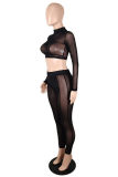 Black Fashion Sexy Solid Patchwork See-through Half A Turtleneck Long Sleeve Two Pieces