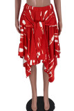 Red Fashion Casual Print Asymmetrical Regular High Waist Skirt