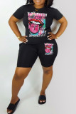 Black Red Fashion Casual Print Basic O Neck Short Sleeve Two Pieces