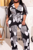 Black Fashion Casual Print With Belt V Neck Plus Size Jumpsuits