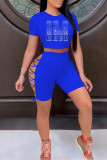 Red Fashion Casual Hot Drilling Bandage Hollowed Out O Neck Short Sleeve Two Pieces