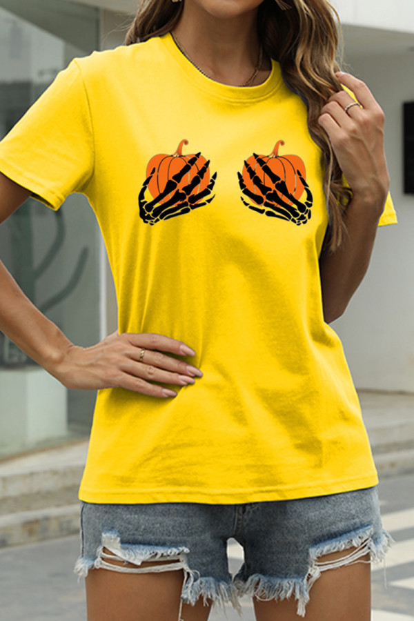 Yellow Fashion Casual Print Basic O Neck T-Shirts