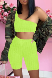 Fluorescent Green Sexy Casual Solid Backless One Shoulder Sleeveless Two Pieces