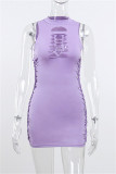 Purple Fashion Sexy Solid Hollowed Out Half A Turtleneck Sleeveless Dress