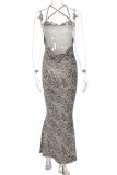 Zebra Fashion Sexy Print Backless Spaghetti Strap Long Dress