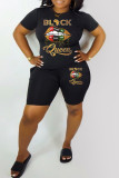 Black Red Fashion Casual Print Basic O Neck Short Sleeve Two Pieces