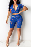 Blue Fashion Sexy Solid Ripped Hollowed Out Short Sleeve Two Pieces