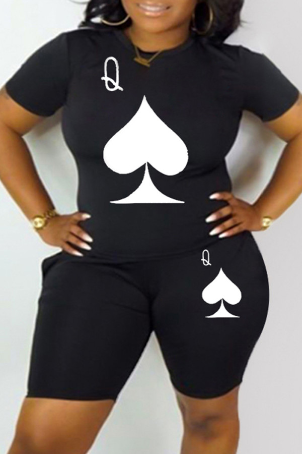 Black White Fashion Casual Print Basic O Neck Short Sleeve Two Pieces