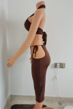 Apricot Fashion Sexy Solid Bandage Hollowed Out Backless Halter Sleeveless Two Pieces