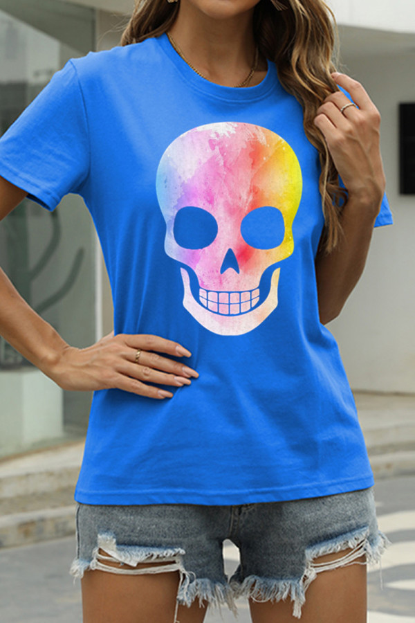 Deep Blue Fashion Casual Skull Head Print Basic O Neck T-Shirts