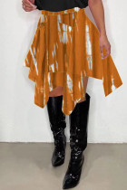 Orange Fashion Casual Print Asymmetrical Regular High Waist Skirt