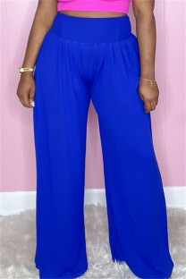Blue Fashion Casual Solid Basic Regular High Waist Wide Leg Trousers