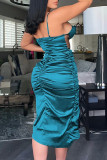 Ink Green Sexy Solid Bandage Hollowed Out Patchwork Draw String See-through Backless Spaghetti Strap Sleeveless Dress