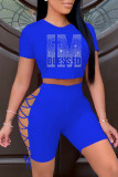 Red Fashion Casual Hot Drilling Bandage Hollowed Out O Neck Short Sleeve Two Pieces