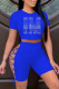 Blue Fashion Casual Hot Drilling Bandage Hollowed Out O Neck Short Sleeve Two Pieces