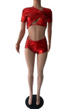 Red Fashion Sexy Solid Hollowed Out Patchwork V Neck Short Sleeve Two Pieces