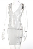 White Fashion Sexy Solid Hollowed Out See-through Spaghetti Strap Sleeveless Dress Dresses