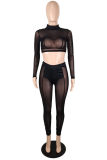 Black Fashion Sexy Solid Patchwork See-through Half A Turtleneck Long Sleeve Two Pieces