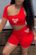 Red Fashion Sexy Casual Letter Print Asymmetrical One Shoulder Short Sleeve Two Pieces