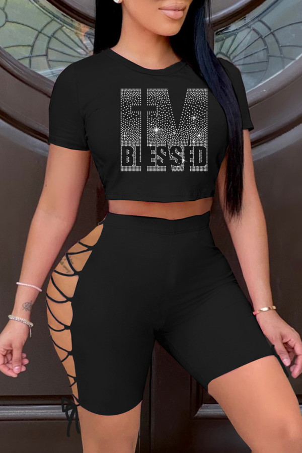 Black Fashion Casual Hot Drilling Bandage Hollowed Out O Neck Short Sleeve Two Pieces