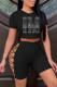 Black Fashion Casual Hot Drilling Bandage Hollowed Out O Neck Short Sleeve Two Pieces