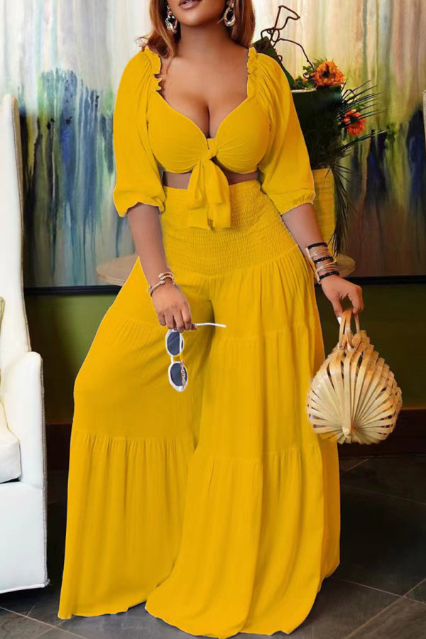 Yellow Fashion Sexy Solid Bandage V Neck Long Sleeve Two Pieces