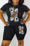 Black Red Fashion Casual Print Basic O Neck Short Sleeve Two Pieces