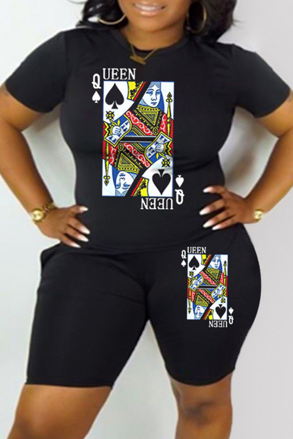 Black Fashion Casual Print Basic O Neck Short Sleeve Two Pieces