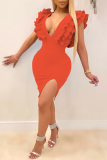 Tangerine Red Sexy Solid Flounce V Neck Pencil Skirt Dresses