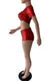 Red Fashion Sexy Solid Hollowed Out Patchwork V Neck Short Sleeve Two Pieces