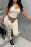 Bare Color Sexy Solid Patchwork One Shoulder Skinny Jumpsuits