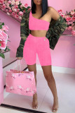 Pink Sexy Casual Solid Backless One Shoulder Sleeveless Two Pieces
