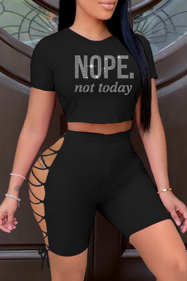 Black Fashion Casual Solid Hot Drilling Bandage Hollowed Out O Neck Short Sleeve Two Pieces