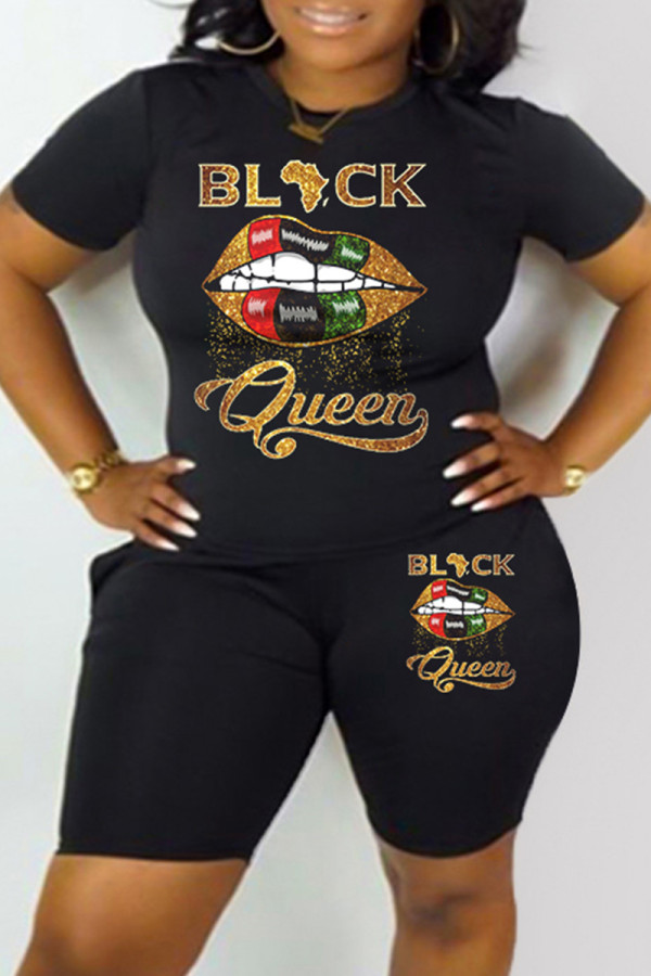 Black Gold Fashion Casual Print Basic O Neck Short Sleeve Two Pieces
