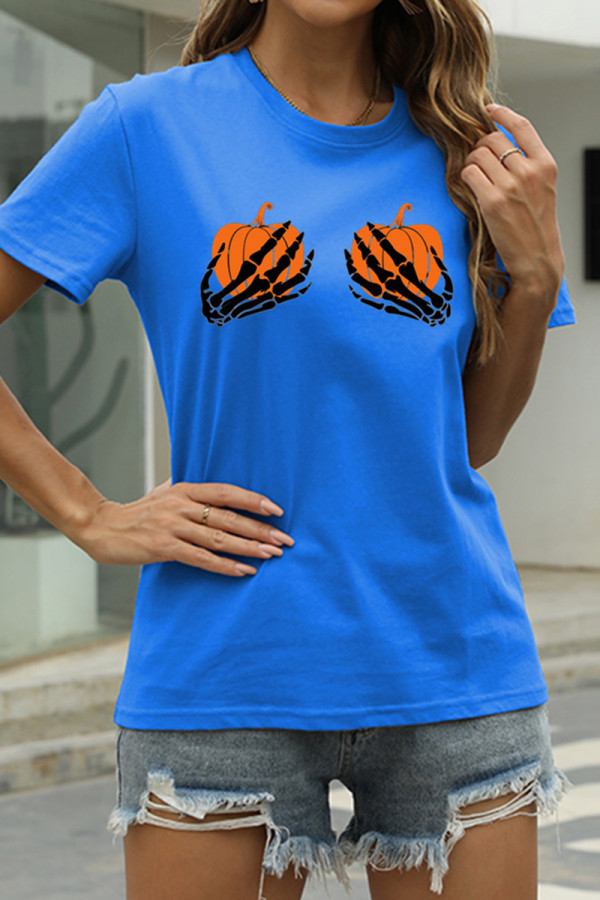 Deep Blue Fashion Casual Print Basic O Neck T-Shirts