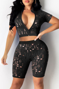 Black Fashion Sexy Solid Ripped Hollowed Out Short Sleeve Two Pieces