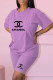 Purple Fashion Casual Print Letter O Neck Short Sleeve Two Pieces