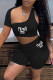 Black Fashion Sexy Casual Letter Print Asymmetrical One Shoulder Short Sleeve Two Pieces