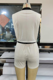 White Fashion Casual Letter Print Patchwork Zipper Collar Sleeveless Two Pieces