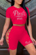 Red Fashion Casual Letter Hot Drilling Bandage Hollowed Out O Neck Short Sleeve Two Pieces