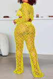 Yellow Sexy Solid Hollowed Out Patchwork See-through O Neck Long Sleeve Two Pieces