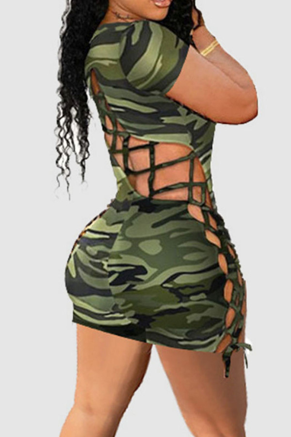 Green Sexy Print Hollowed Out Patchwork Backless O Neck Regular Rompers