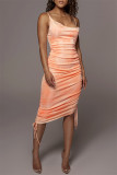 Orange Fashion Sexy Print Tie Dye Draw String Backless Spaghetti Strap Long Dress