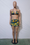 Blue Yellow Fashion Sexy Print Bandage Backless Halter Sleeveless Two Pieces