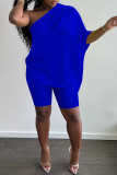 Royal Blue Sexy Casual Patchwork Backless One Shoulder Sleeveless Two Pieces