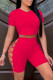 Red Fashion Casual Solid Bandage Hollowed Out O Neck Short Sleeve Two Pieces