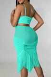 Black Sexy Solid Tassel Spaghetti Strap Sleeveless Two Pieces