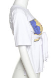 White Casual Street Print Bandage Patchwork Slit O Neck T-Shirts