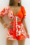 Red Sexy Vacation Print Bandage Patchwork V Neck Short Sleeve Two Pieces
